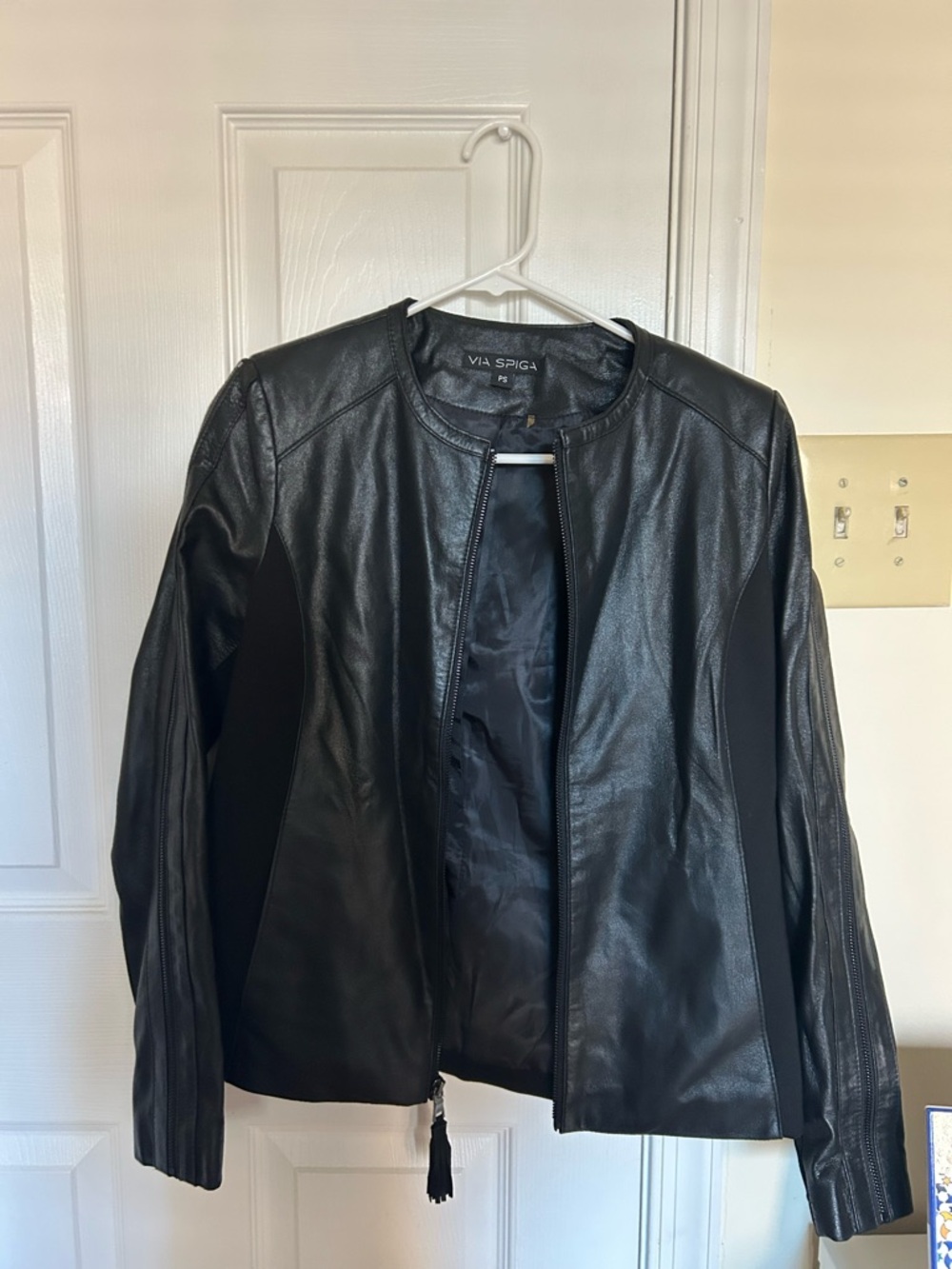 Via Spiga Black Leather Collarless Zip Jacket